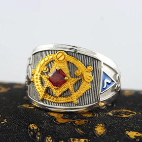 Master Mason Blue Lodge Ring - Sterling Silver Red Rhinestone - Bricks Masons