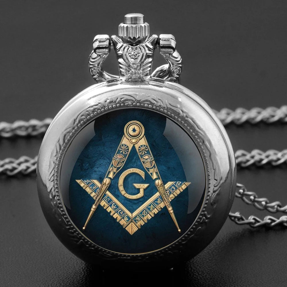 Master Mason Blue Lodge Pocket Watch - Pendant Chain Classic Design Quartz Case - Bricks Masons
