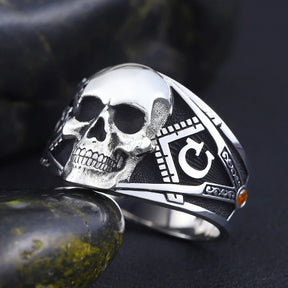 Master Mason Blue Lodge Ring - Square & Compasses G with Antique Skull - Bricks Masons