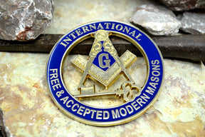 Master Mason Blue Lodge Car Emblem - Gold & Blue Plated International Free & Accepted Modern Masons - Bricks Masons