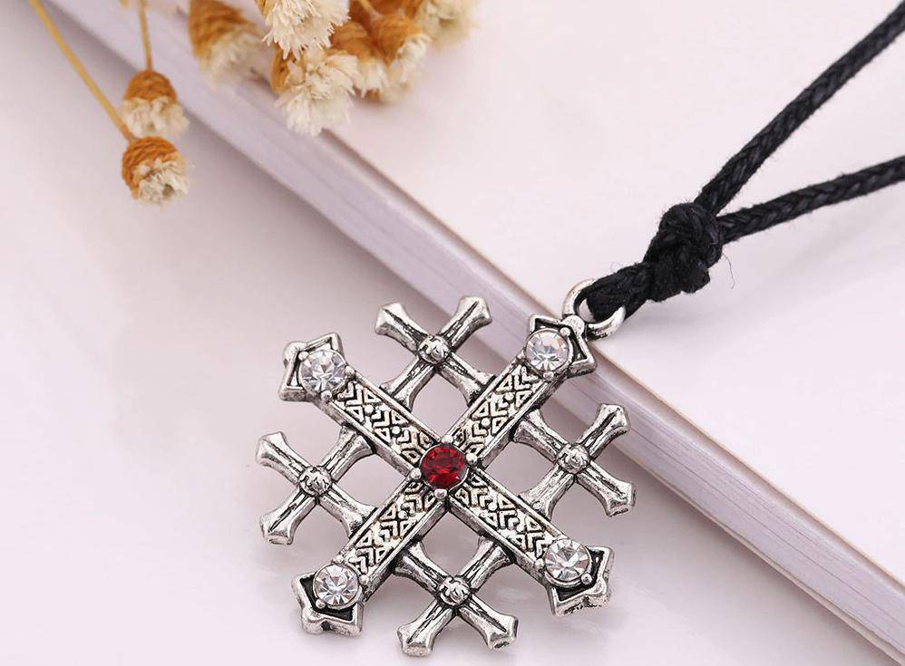 Knights Templar Commandery Necklace - Jerusalem Cross Medieval Red Crystal