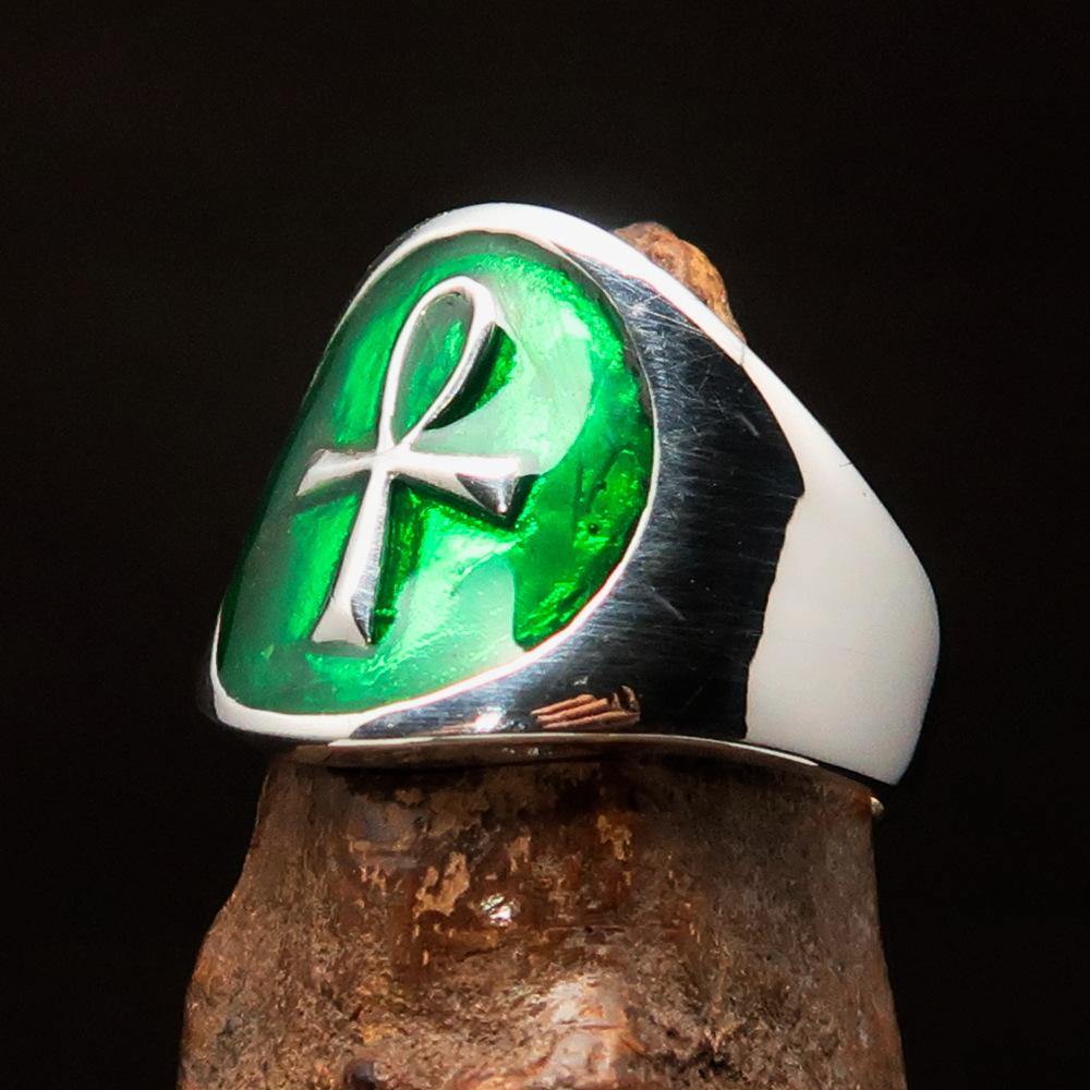 Ancient Egypt Ring - Green Sterling Silver Ankh - Bricks Masons