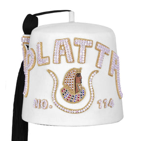 DOI Fez Hat - Pure White Wool With Rhinestones (2 Rows as pictured) - Bricks Masons