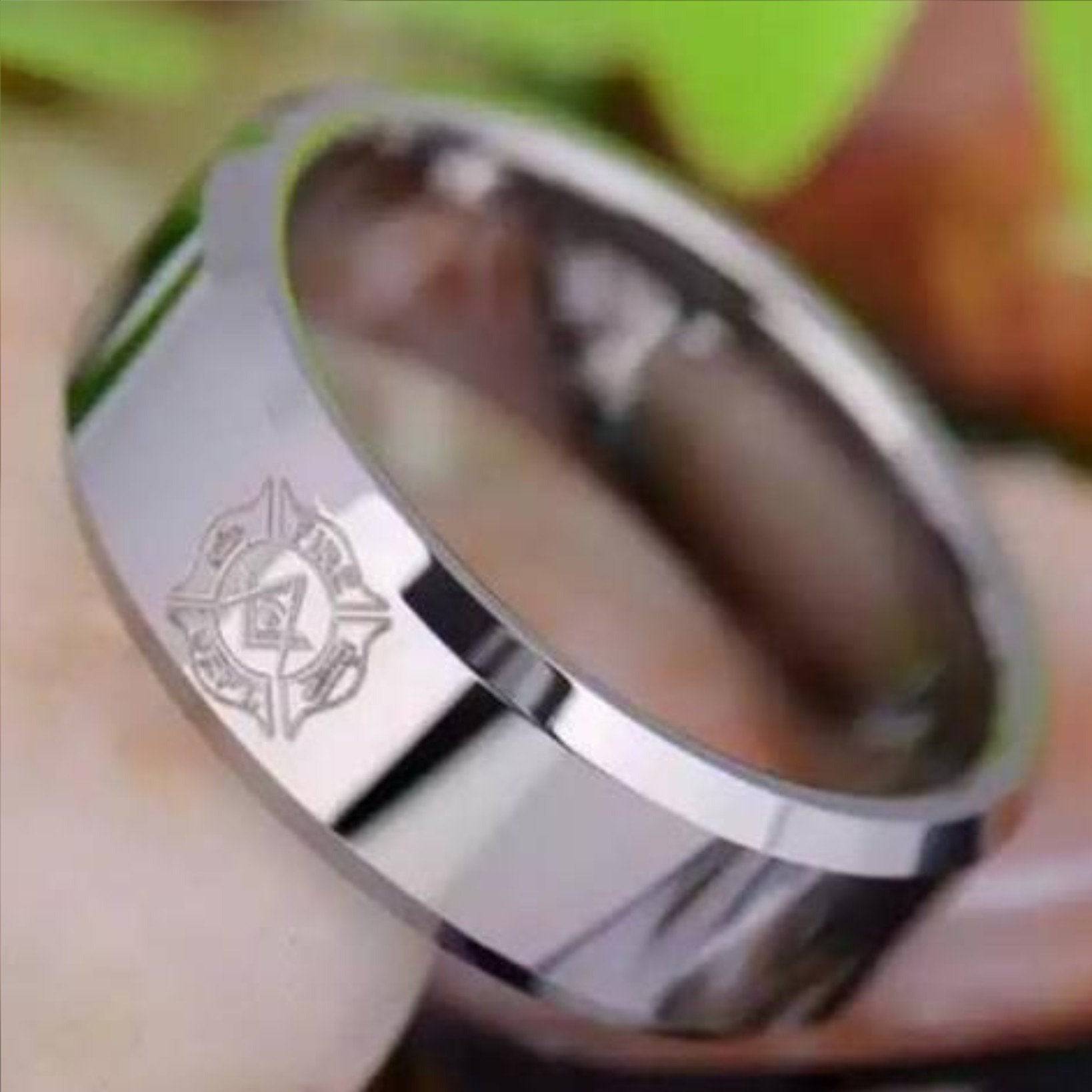 Firefighter Ring - Silver Beveled Tungsten Personalizable - Bricks Masons