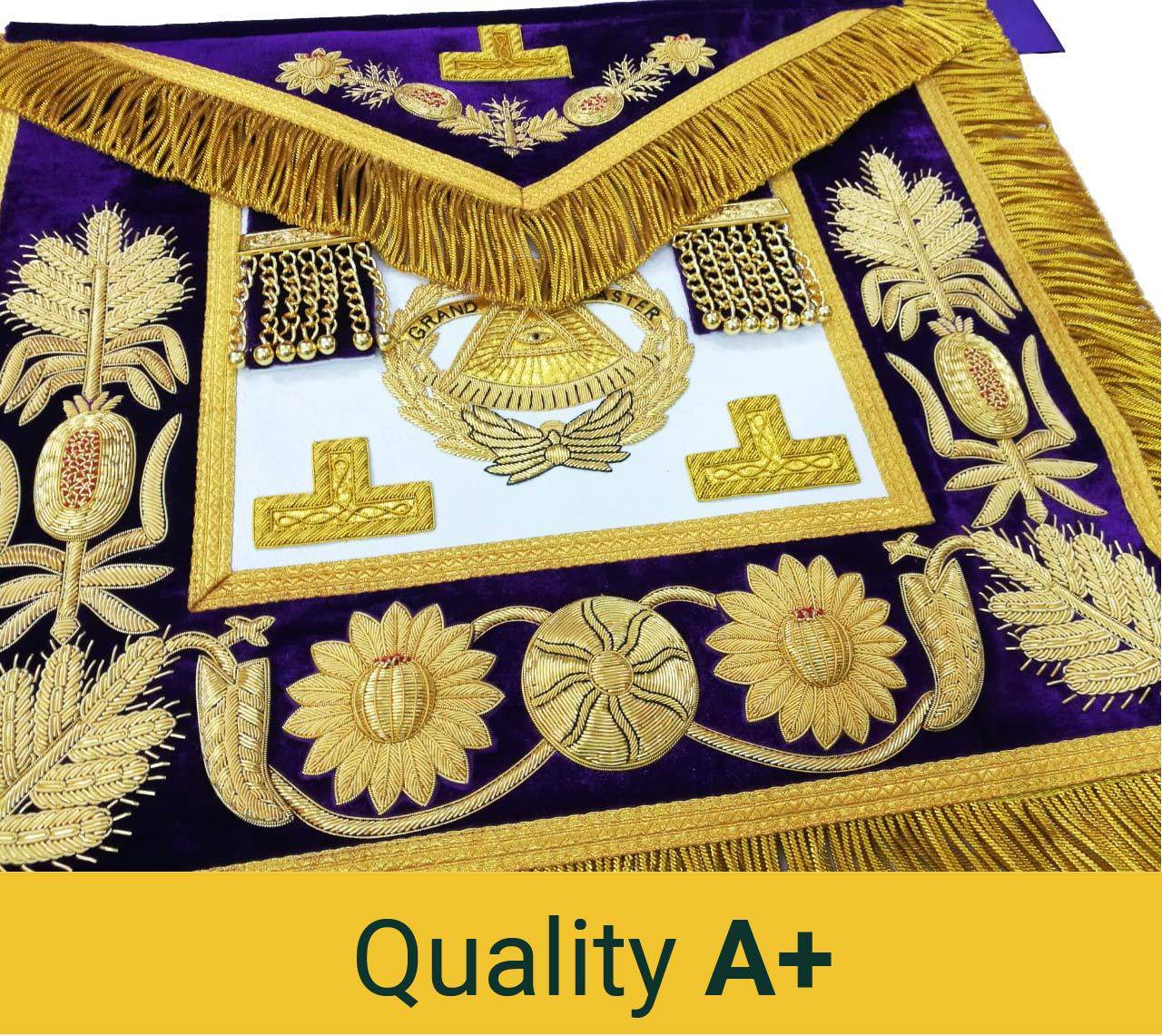 Grand Master Blue Lodge Apron - Purple Gold Hand Embroidery - Bricks Masons