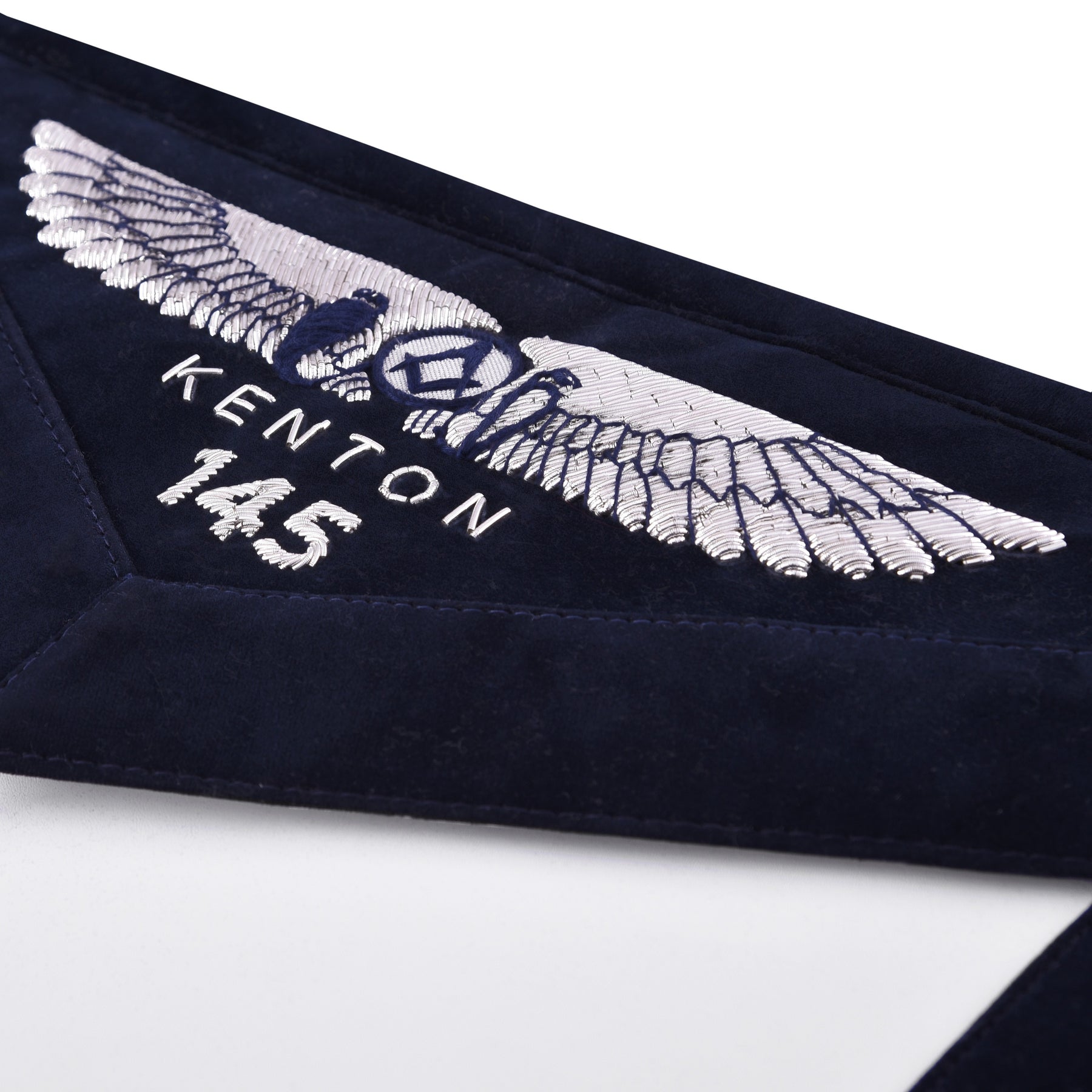 Historian Blue Lodge Officer Apron - Kenton Lodge Navy Velvet With Silver Embroidery Thread - Bricks Masons