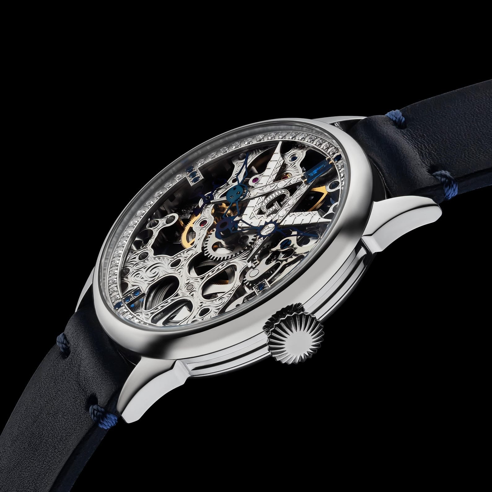 Master Mason Blue Lodge Wristwatch - Silver Skeleton With Stones - Bricks Masons