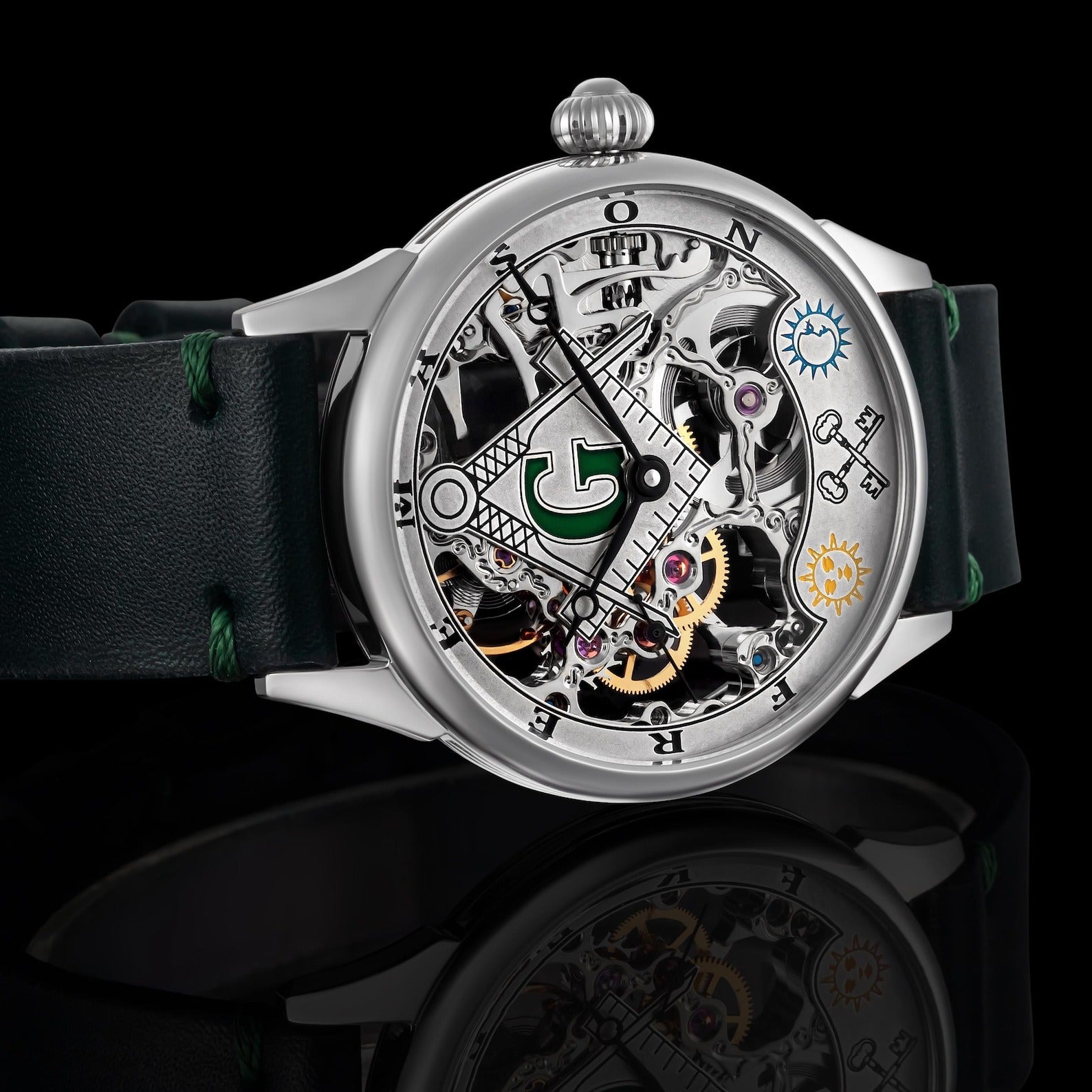 Master Mason Blue Lodge Wristwatch -  Silver Skeleton Dial Intricate Detailing - Bricks Masons