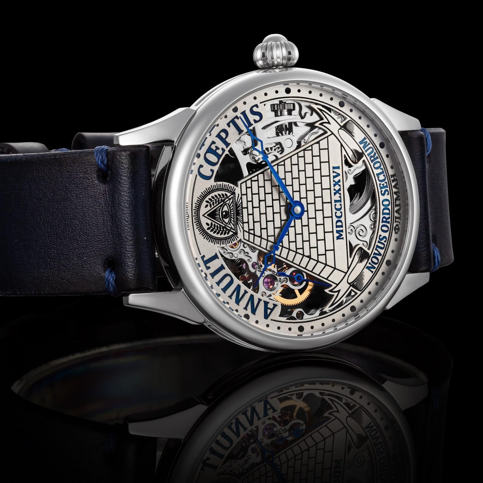 Eye Of Providence Wristwatch - Annuit Coeptis & Pyramid Silver Skeleton - Bricks Masons