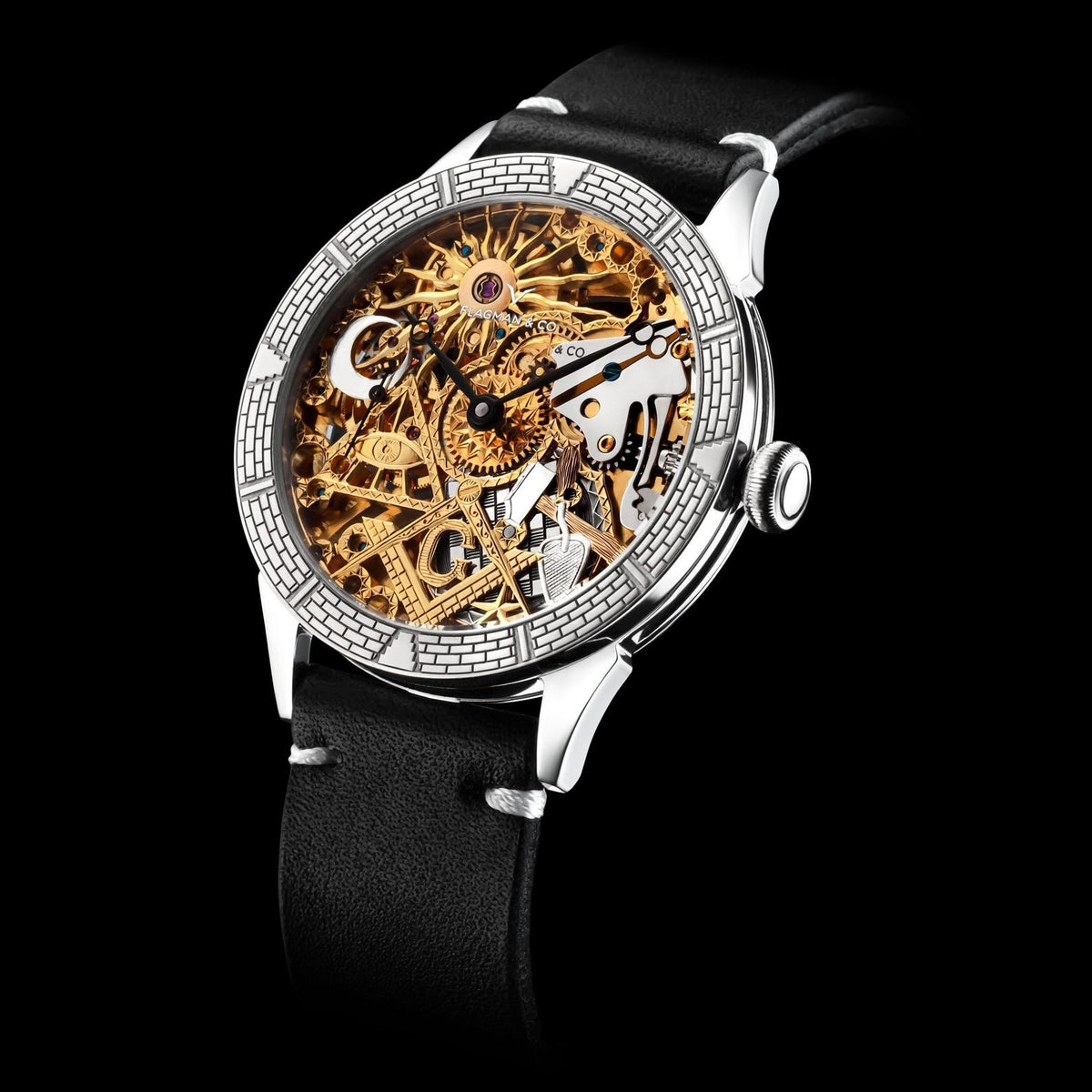 Master Mason Blue Lodge Wristwatch - Gold & Silver Masonic Symbols Skeleton - Bricks Masons