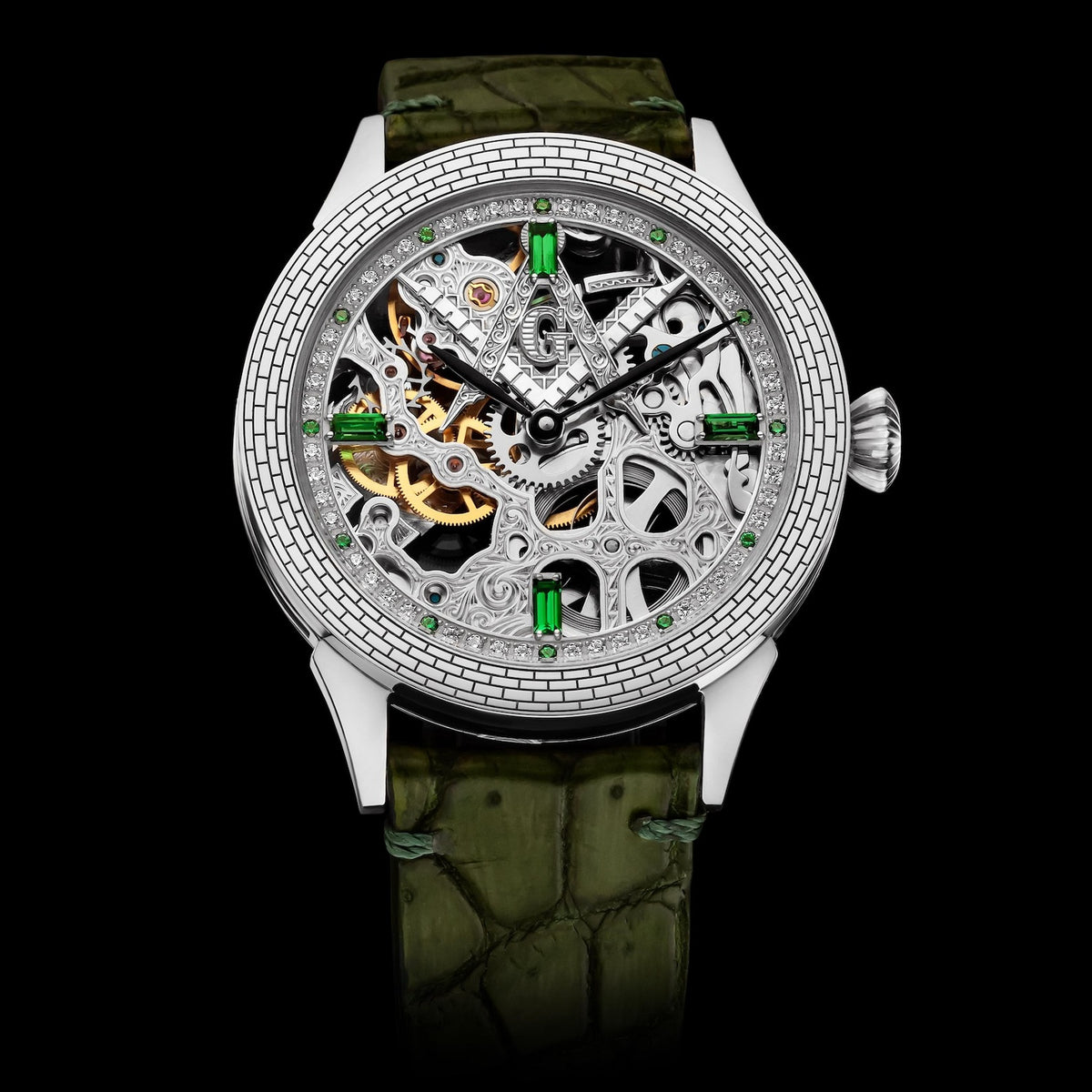 Master Mason Blue Lodge Wristwatch - Silver Skeleton & Green Leather Strap - Bricks Masons