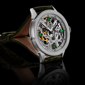 Master Mason Blue Lodge Wristwatch - Silver Skeleton & Green Leather Strap - Bricks Masons