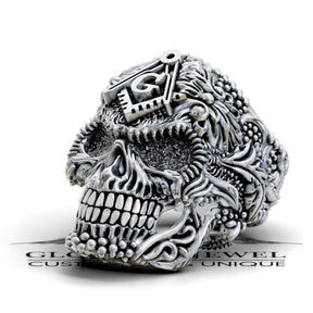 Master Mason Blue Lodge Ring - Skull Square & Compass G Various Materials - Bricks Masons