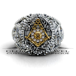 Master Mason Blue Lodge Ring - Square & Compass With Sun & Stones - Bricks Masons