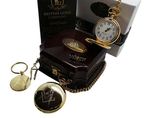 Master Mason Blue Lodge Pocket Watch - 24k Gold Keychain Full Hunter and Lapel Pin - Bricks Masons