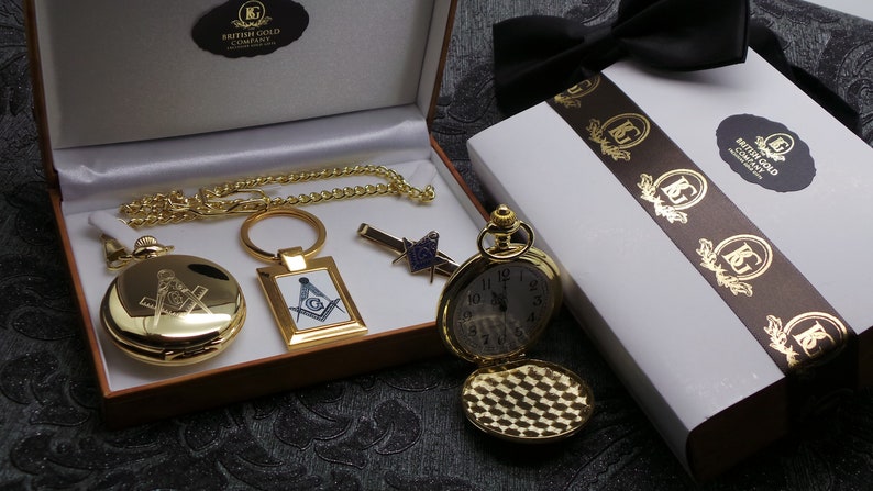 Master Mason Blue Lodge Pocket Watch - With 24k Gold Clad Keyring Tie Clip Gift Set - Bricks Masons