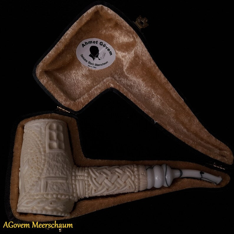 Master Mason Blue Lodge Meerschaum Pipe - Handmade With Velvet Case - Bricks Masons