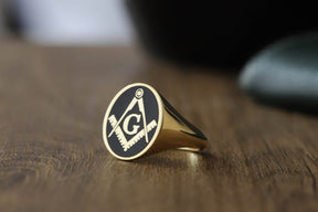 Master Mason Blue Lodge Ring - Gold & Black Enamel Various Materials - Bricks Masons