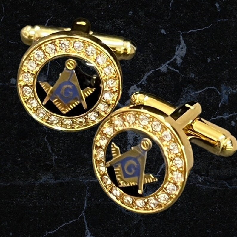 Master Mason Blue Lodge Cufflinks - Gold Crystal Luxurious Cased Boxed Gifts - Bricks Masons