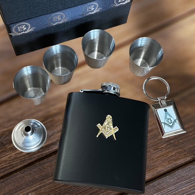 Master Mason Blue Lodge Flask - 7 Piece Luxury Gift Set with Gold Emblem