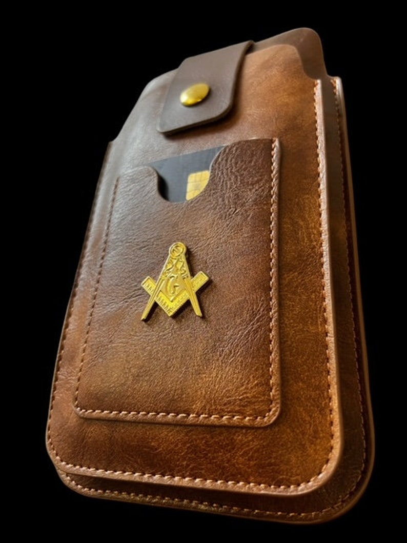 Master Mason Blue Lodge Phone Case - Leather Brown Luxury Belt Loop Card Holder