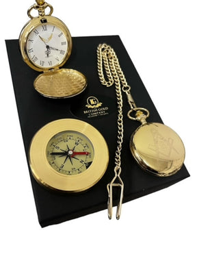 Master Mason Blue Lodge Pocket Watch - 24k Gold Clad and Compass in Luxury Gift Set - Bricks Masons