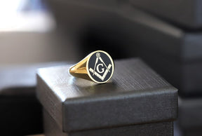 Master Mason Blue Lodge Ring - Gold With Black Enamel 9K to 18k Solid Gold - Bricks Masons