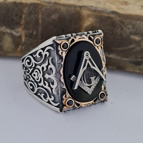 Master Mason Blue Lodge Ring - Handmade Sterling Silver Onyx - Bricks Masons