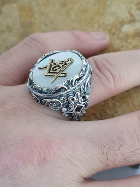 Master Mason Blue Lodge Ring - Handmade Sterling Silver Mother of Pearl - Bricks Masons