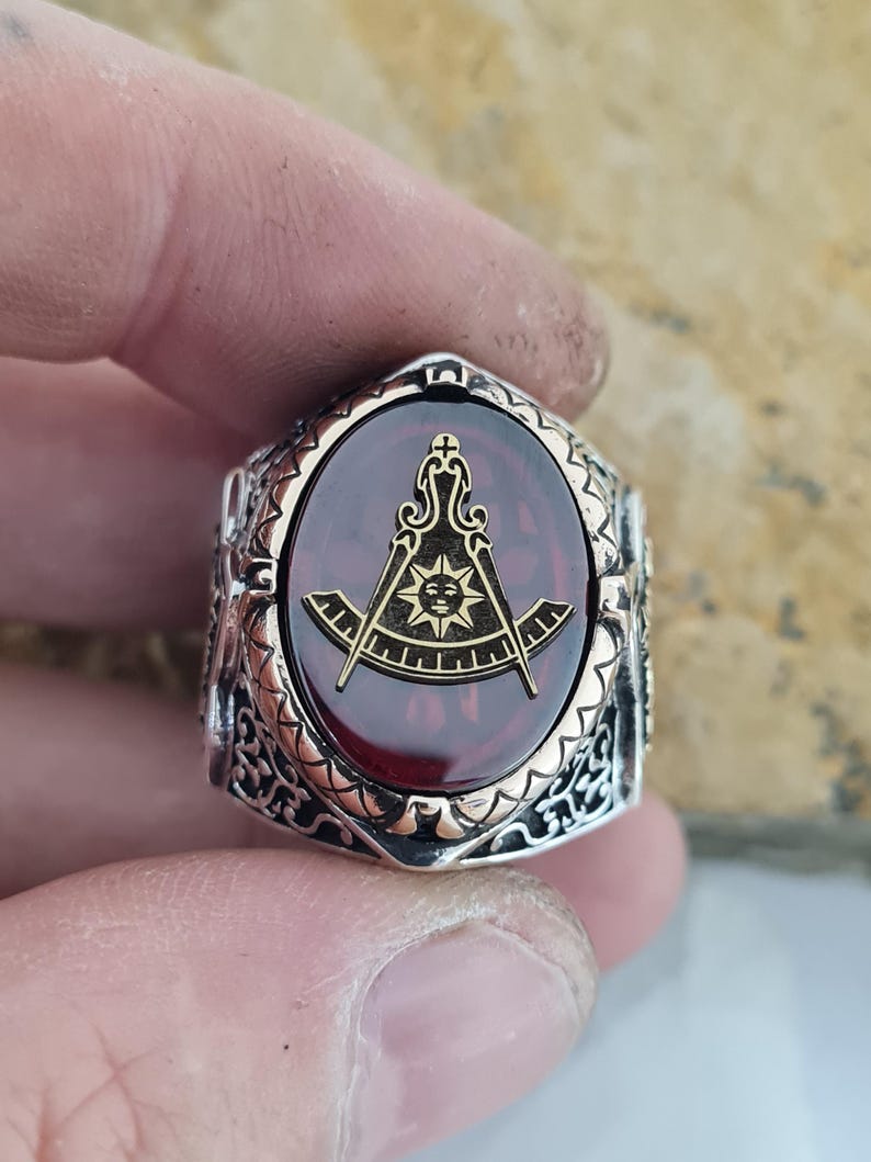 Master Mason Blue Lodge Ring - Handmade Sterling Silver Zircon - Bricks Masons