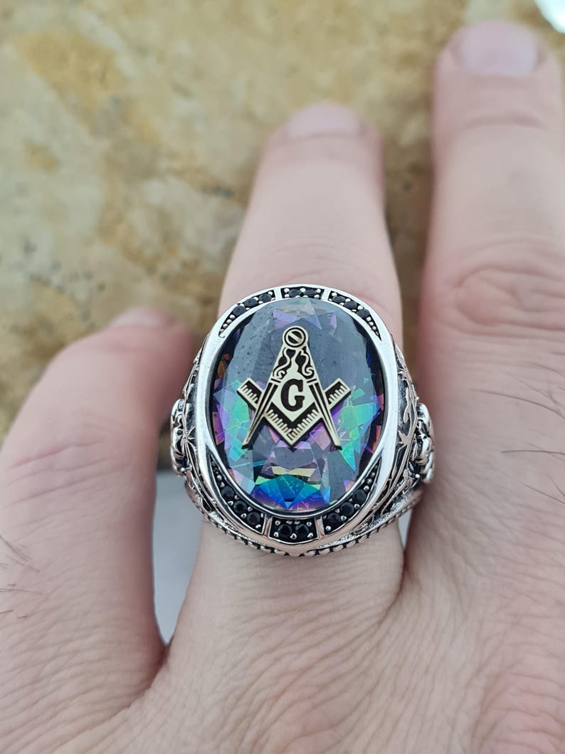 Master Mason Blue Lodge Ring - Mystic Topaz & Cubic Zirconia - Bricks Masons