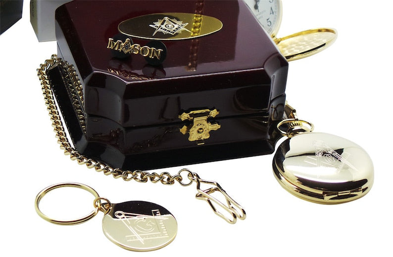 Master Mason Blue Lodge Pocket Watch - 24k Gold Keychain Full Hunter and Lapel Pin - Bricks Masons