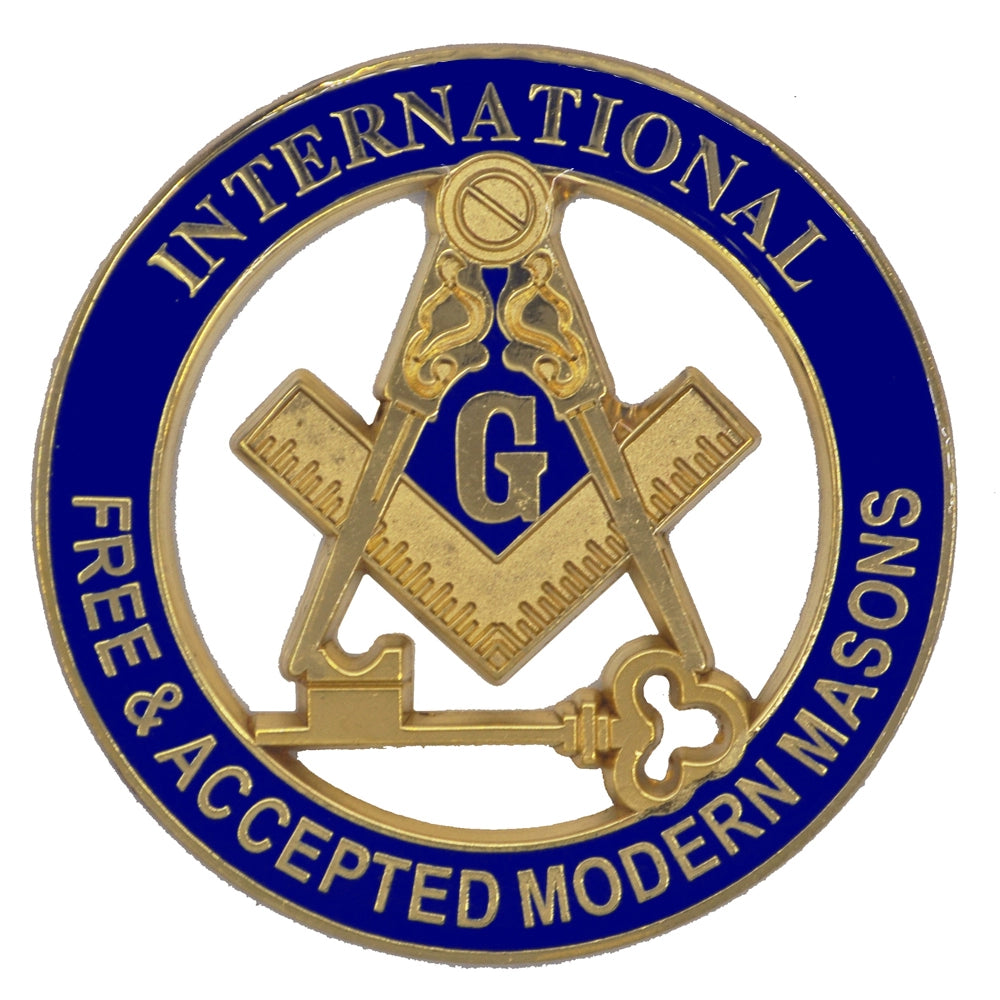Master Mason Blue Lodge Car Emblem - Gold & Blue Plated International Free & Accepted Modern Masons - Bricks Masons