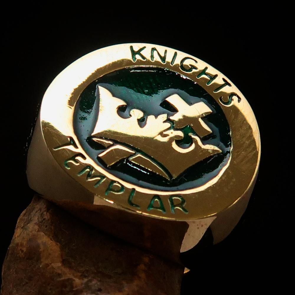 Knights Templar Ring - Gold & Green Solid Brass - Bricks Masons