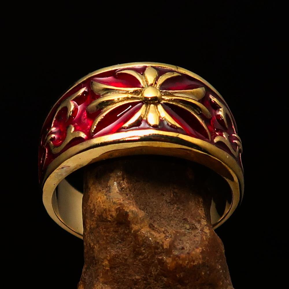 Knights Templar Ring - Gold & Red Brass Cross - Bricks Masons