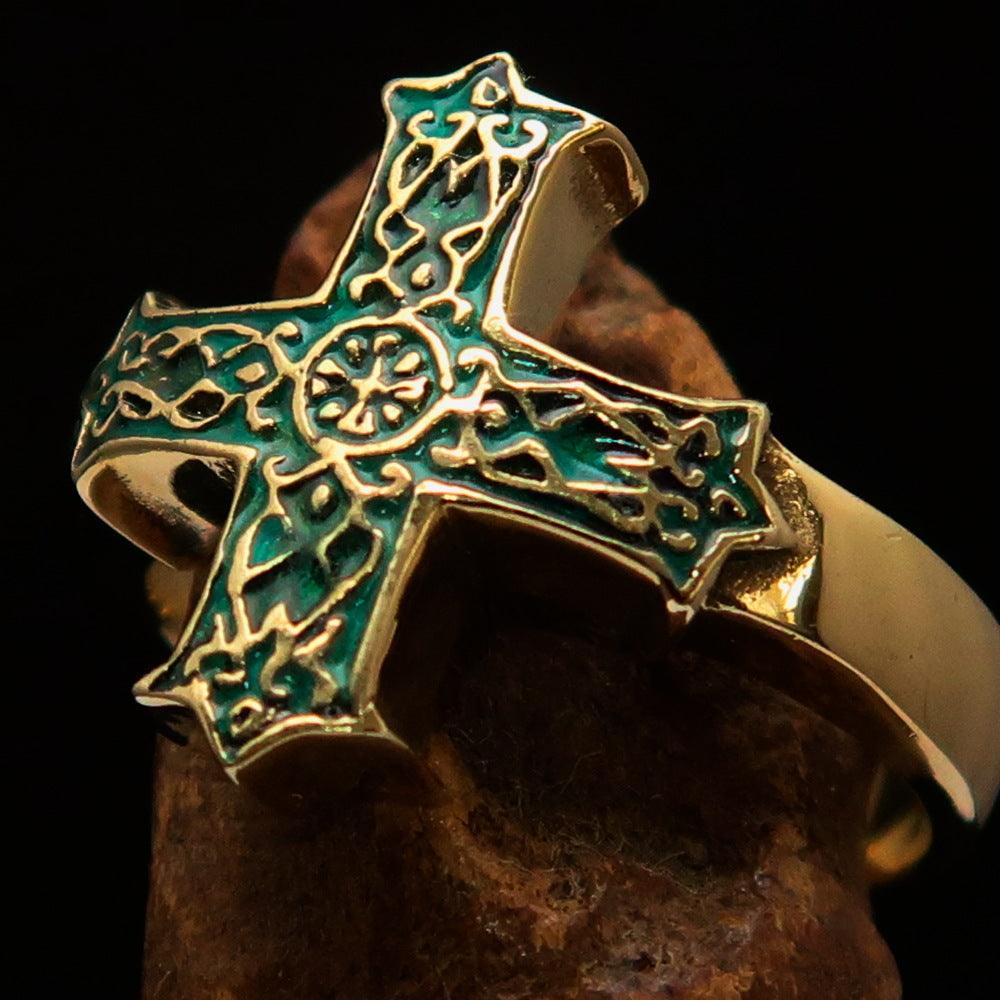 Knights Templar Ring - Green Celtic Cross - Bricks Masons