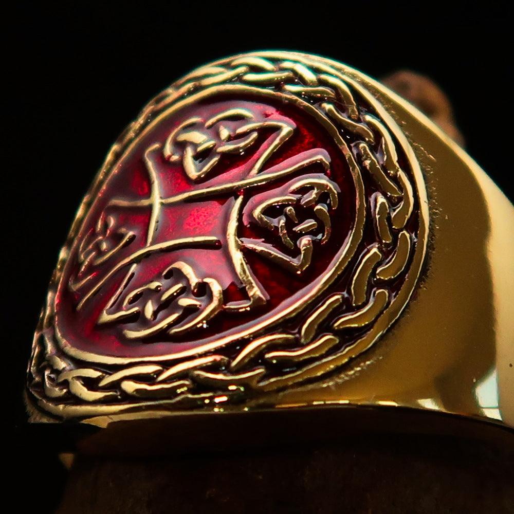 Knights Templar Ring - Red & Gold Cross Solid Brass - Bricks Masons