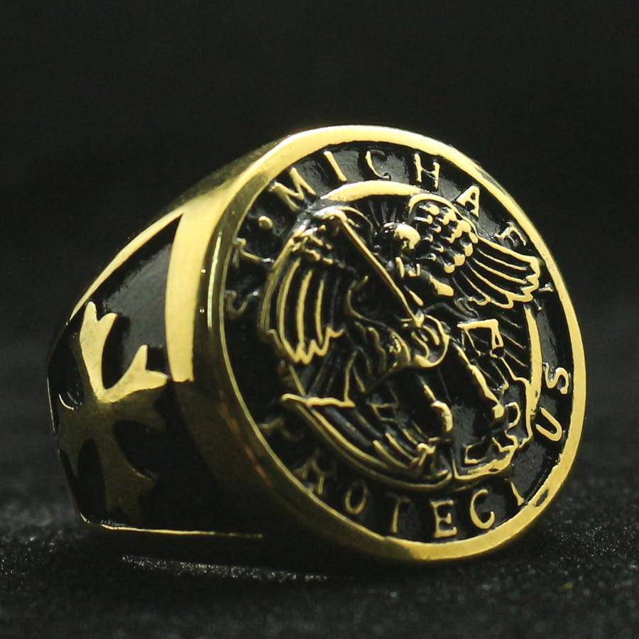 Knights Templar Ring - Saint Michael Protect Us Golden - Bricks Masons