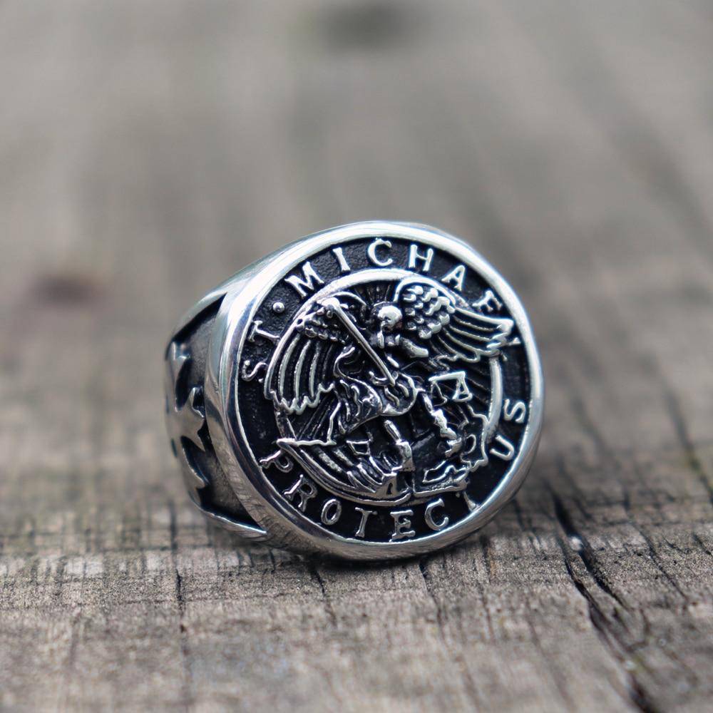 Knights Templar Ring - Saint Michael Protect Us Silver - Bricks Masons