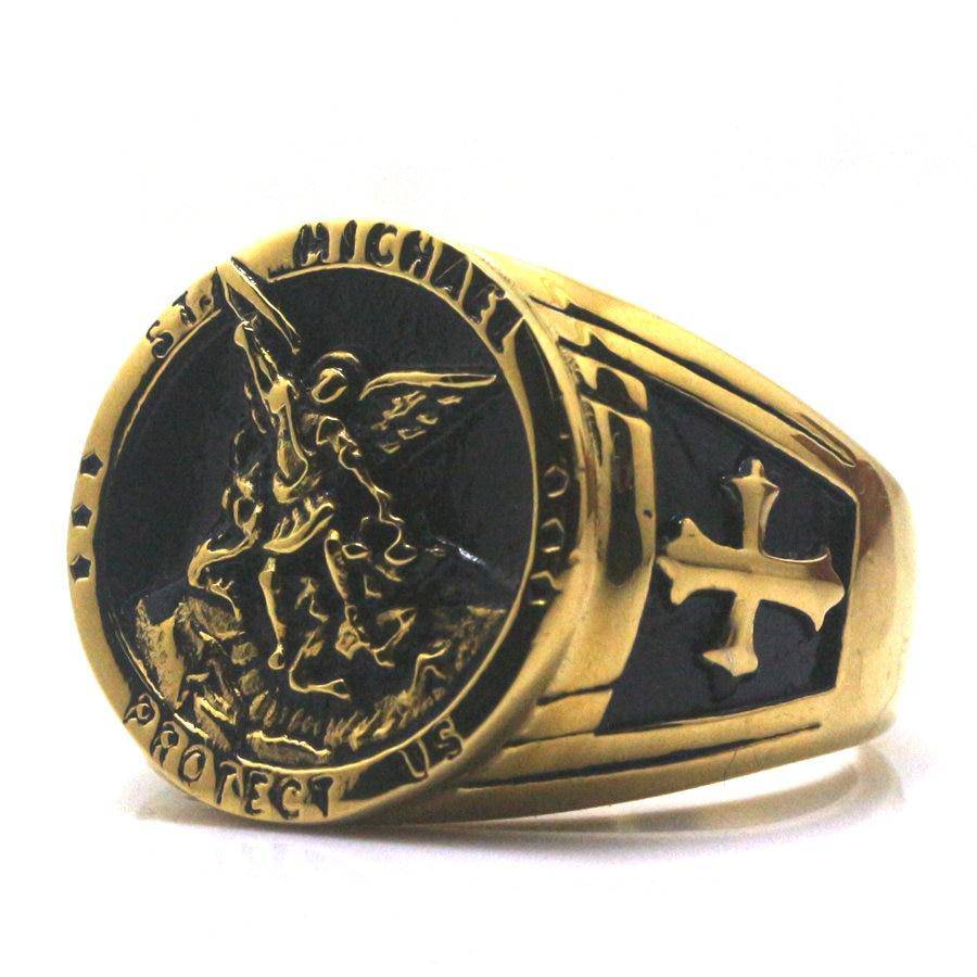 Knights Templar Ring - St. Michael Protect Us (Gold and Silver) - Bricks Masons