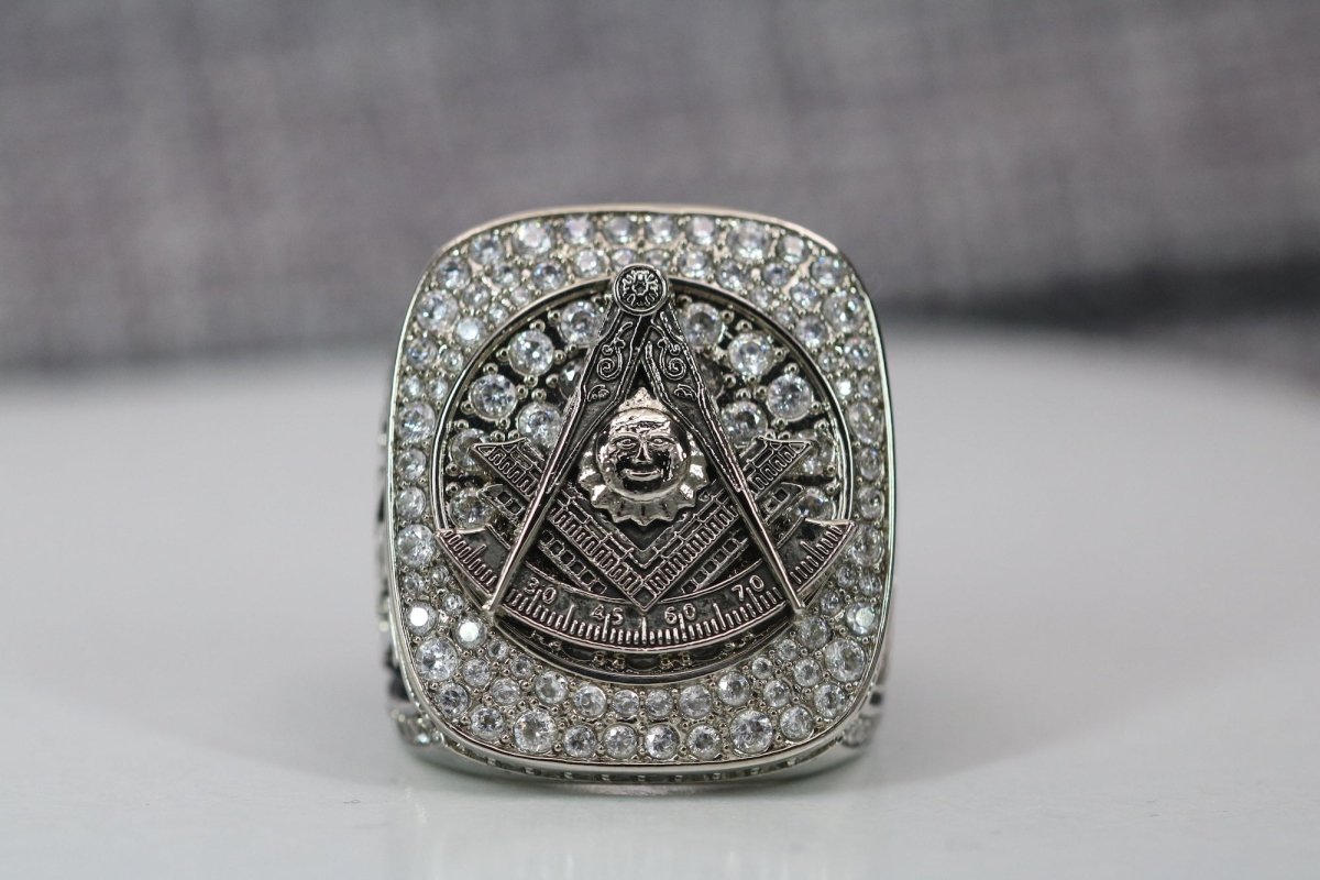 Past Master Blue Lodge Ring - White Gold Plated With Rhinestones - Bricks Masons