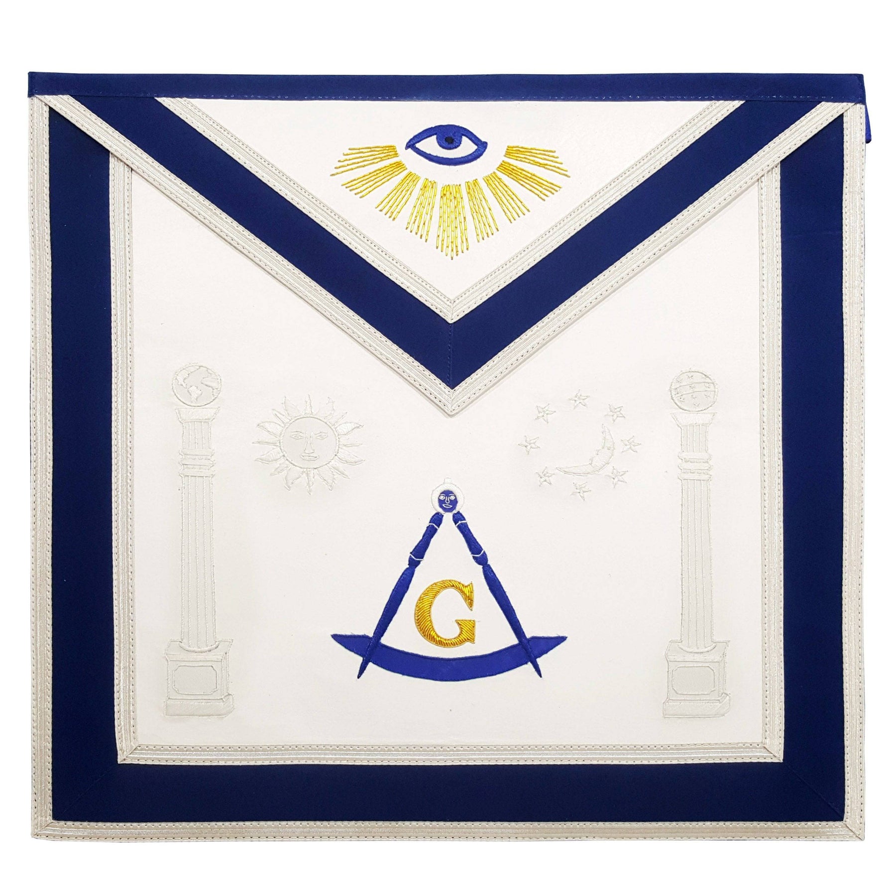 Master Mason Blue Lodge Apron - Sun, Moon & Pillars Hand Embroidery - Bricks Masons