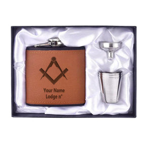 Master Mason Blue Lodge Flask - 6oz Full Set Shot Glass & Funnel - Bricks Masons