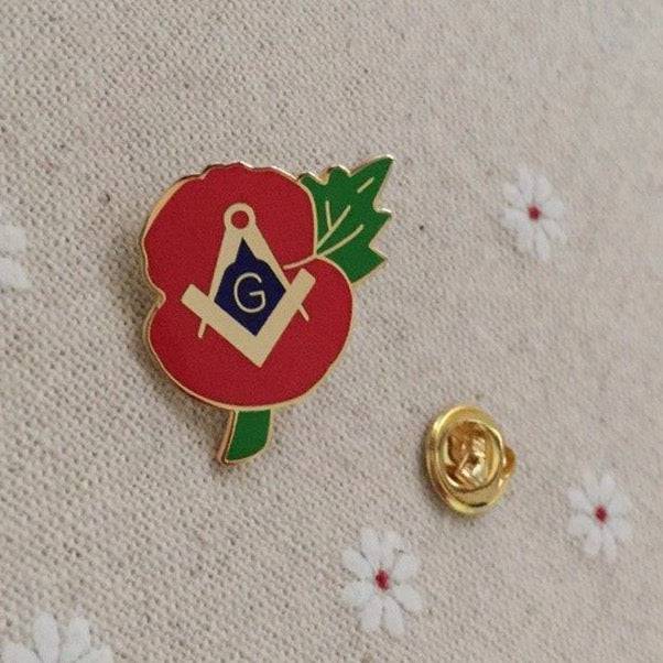 Master Mason Blue Lodge Lapel Pin - Square Compass Crested Poppy - Bricks Masons