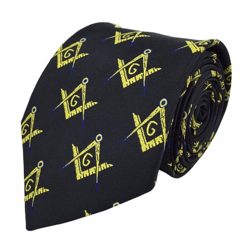 Master Mason Blue Lodge Necktie - Black & Gold Silk Machine Embroidery - Bricks Masons
