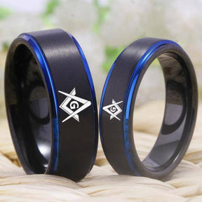 Master Mason Blue Lodge Ring - Black Blue Tungsten Personalizable - Bricks Masons