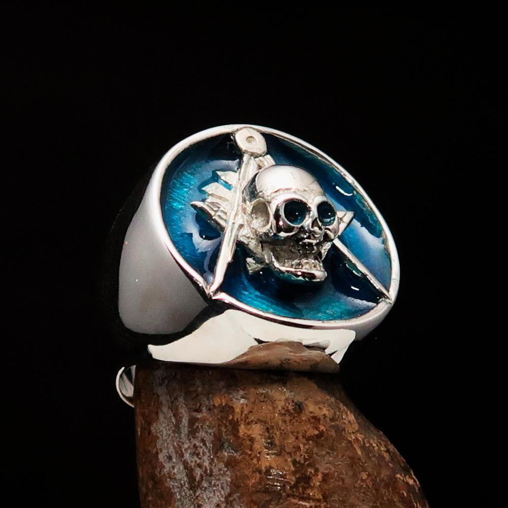 Master Mason Blue Lodge Ring - Blue Sterling Silver With Skull Square and Compass - Bricks Masons
