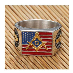 Master Mason Blue Lodge Ring - Compass and Square G USA Flag - Bricks Masons