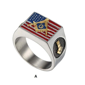 Master Mason Blue Lodge Ring - Compass and Square G USA Flag - Bricks Masons