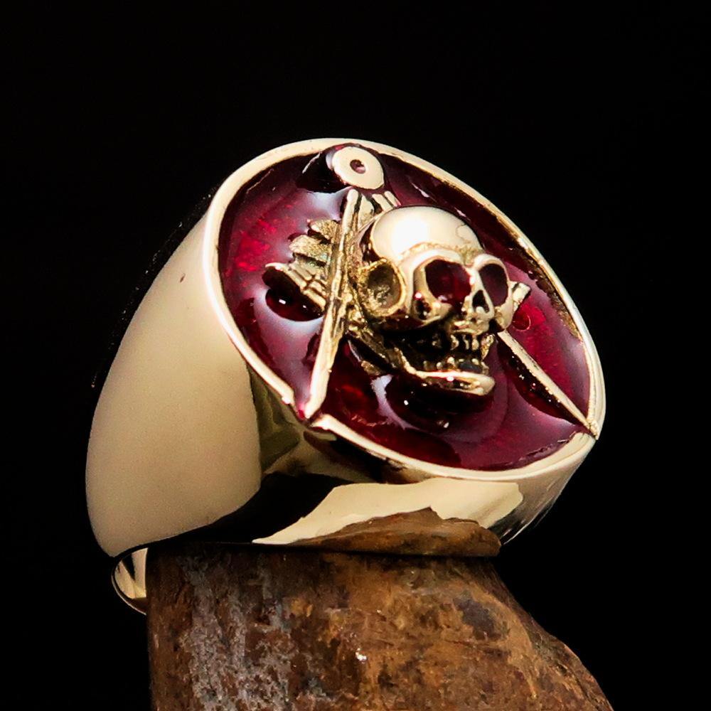 Master Mason Blue Lodge Ring - Gold & Red Brass With Skull Square and Compass - Bricks Masons